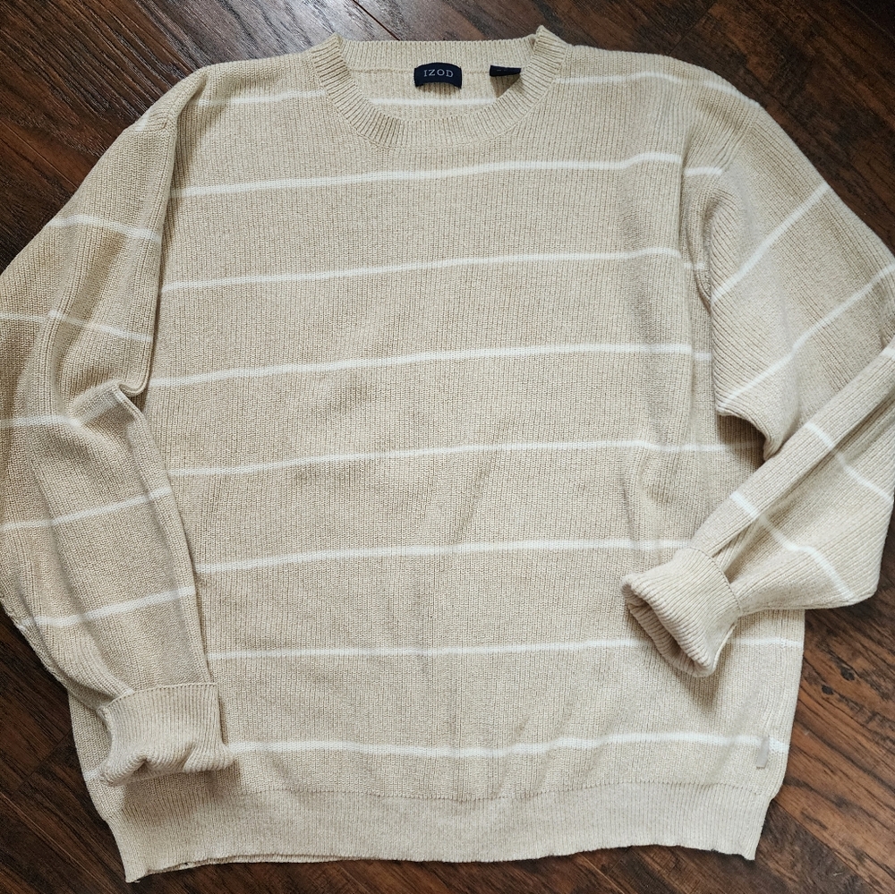 Izod Cotton Cream Striped Crewneck Sweater